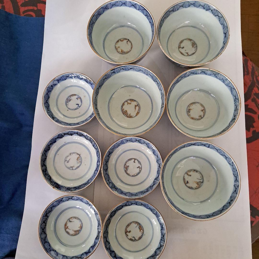 江戸中期　極上品　向付　蓋付　金彩赤絵　　竹林三賢人文　角福　五客セット