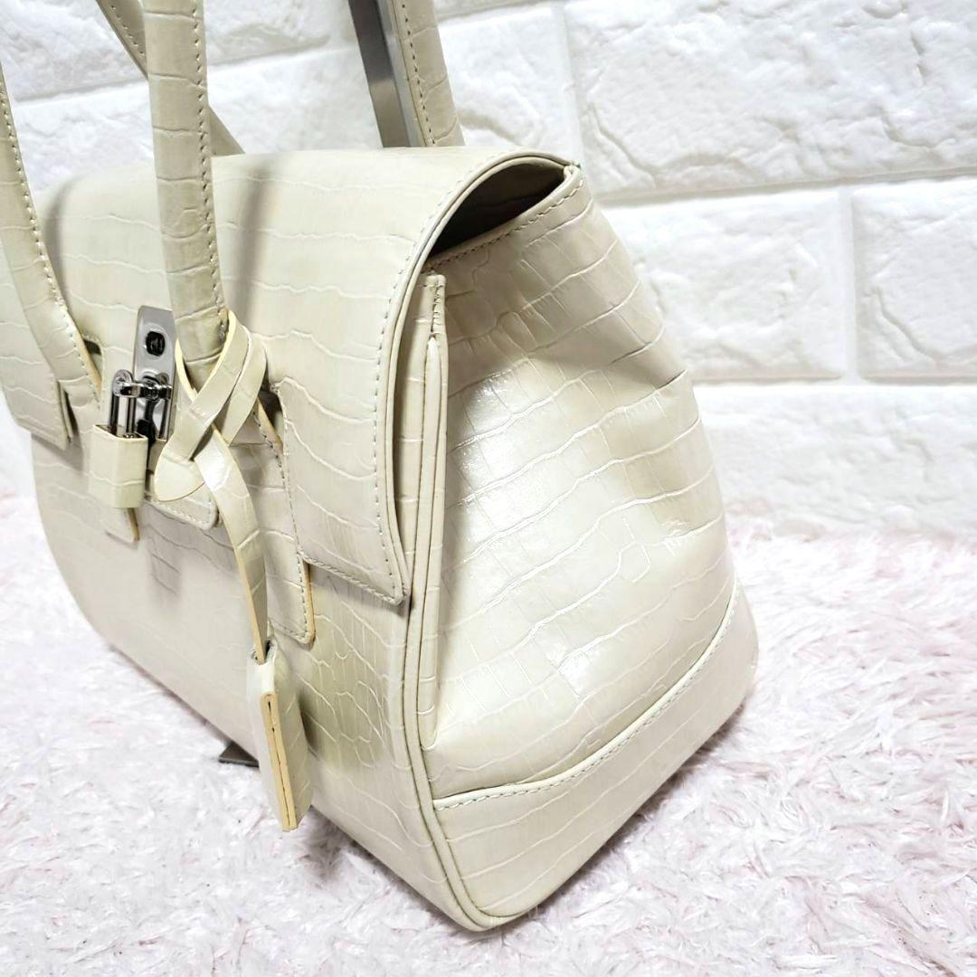 傳濱野 HAMANO 濱野 クロコ 型押しパールホワイト南京錠ハンドバッグ 美品