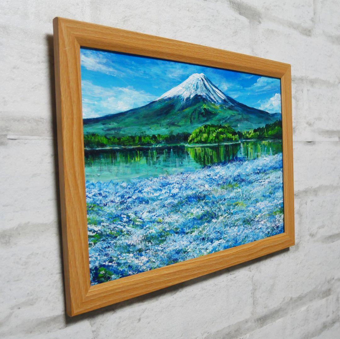 油絵 油彩 油彩画 絵 絵画 【ネモフィラと富士山】