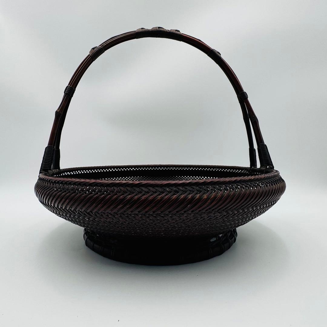 【竹旬斎在銘　花籠　銅製水盤】花器　花盛　竹細工　アンティーク