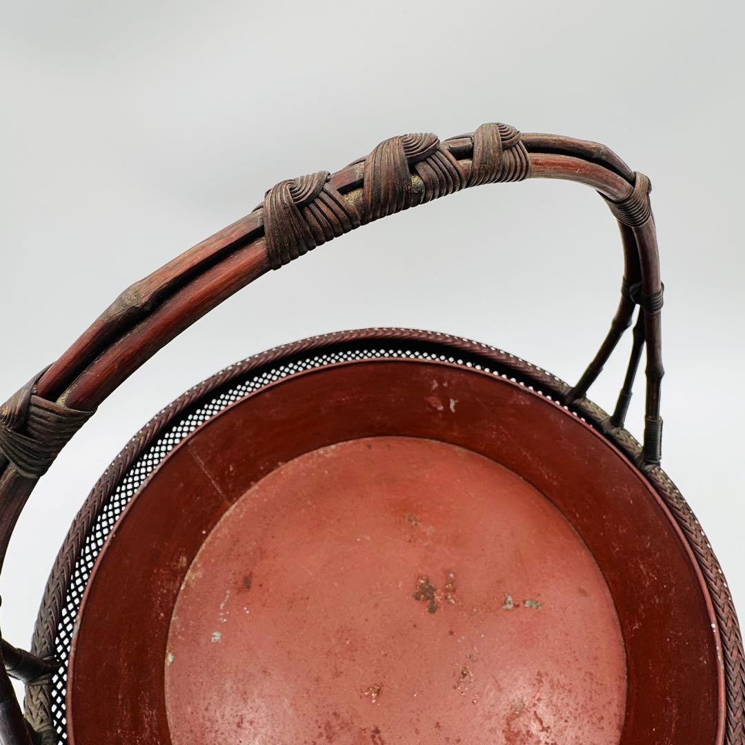 【竹旬斎在銘　花籠　銅製水盤】花器　花盛　竹細工　アンティーク