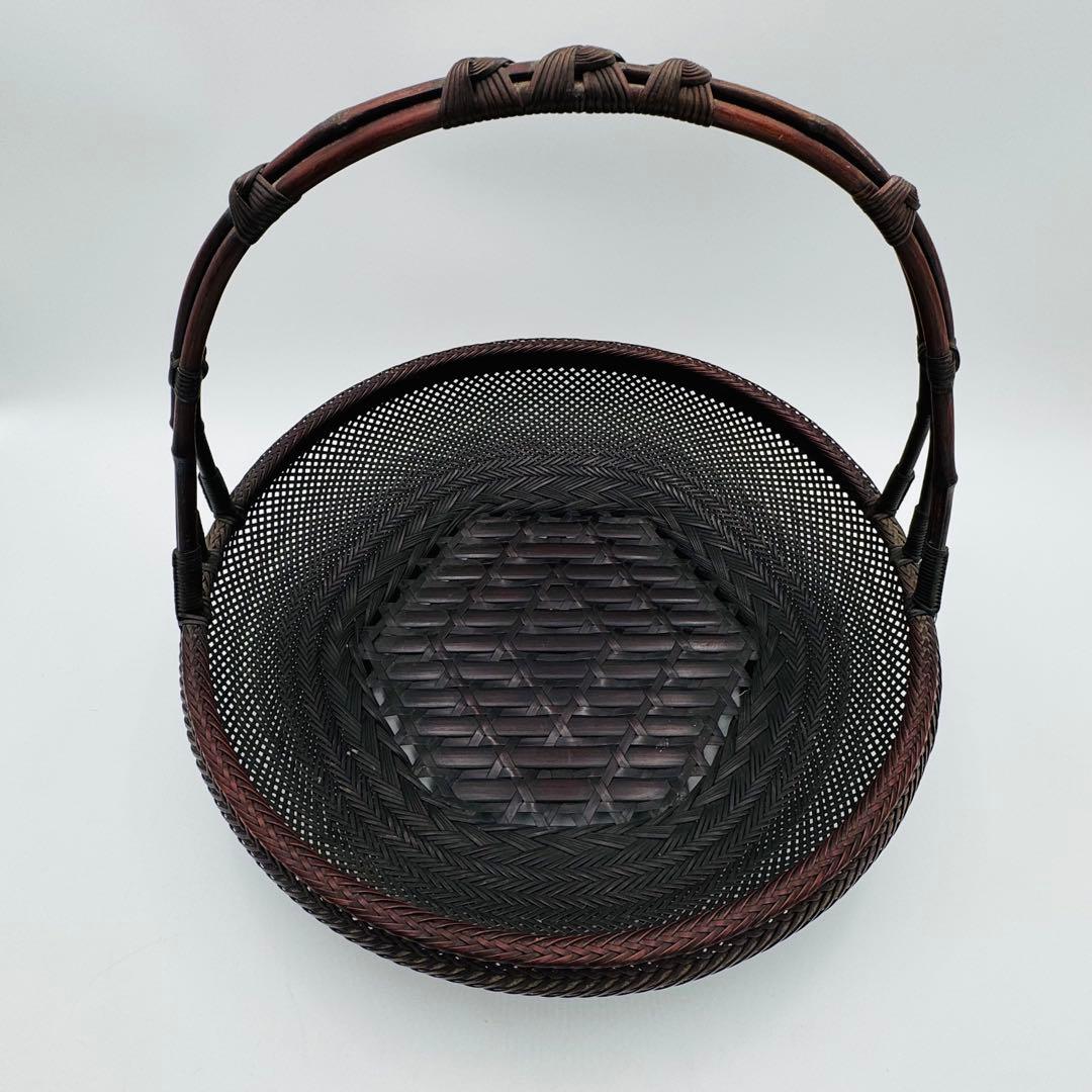 【竹旬斎在銘　花籠　銅製水盤】花器　花盛　竹細工　アンティーク