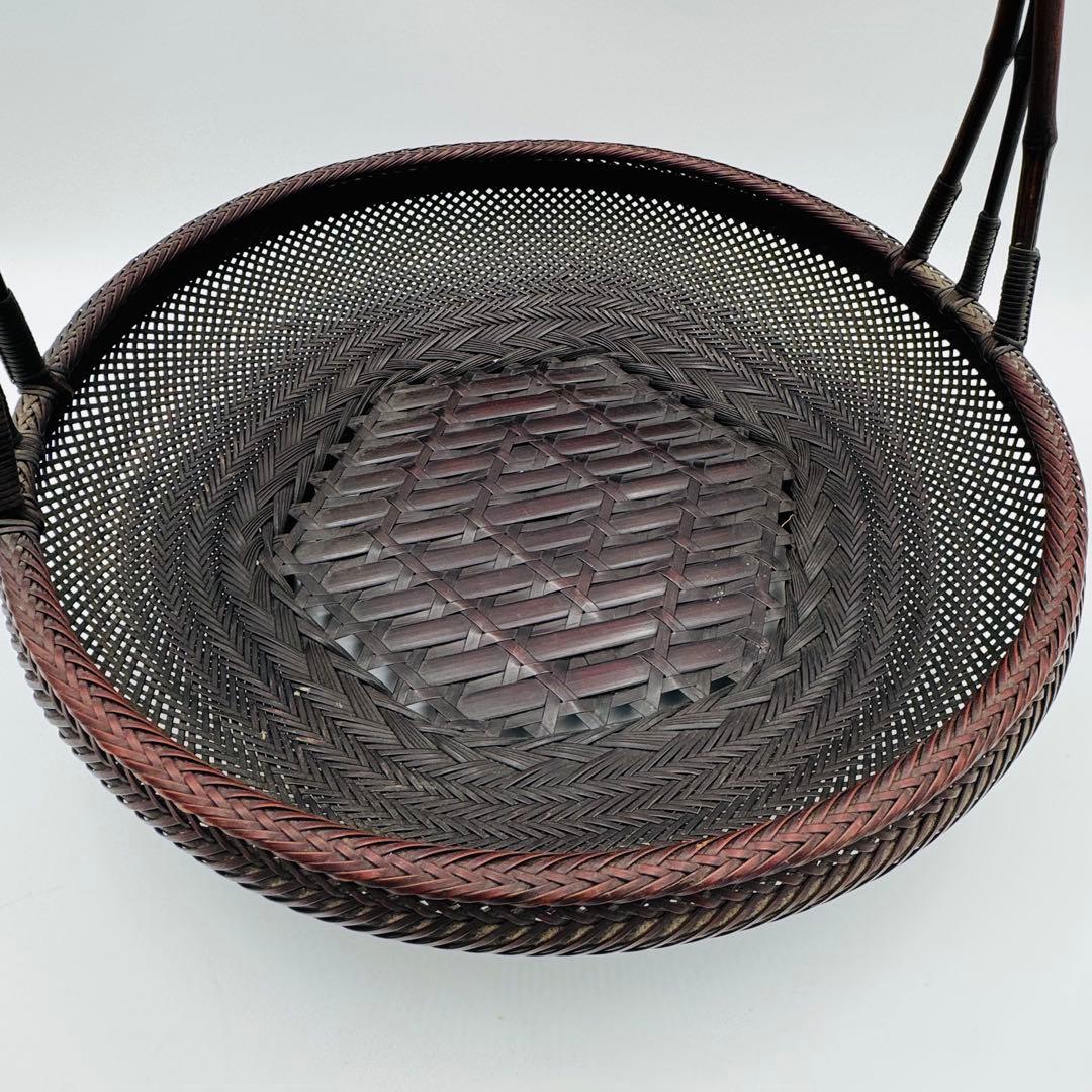 【竹旬斎在銘　花籠　銅製水盤】花器　花盛　竹細工　アンティーク