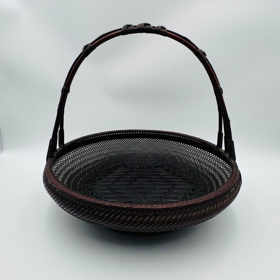 【竹旬斎在銘　花籠　銅製水盤】花器　花盛　竹細工　アンティーク