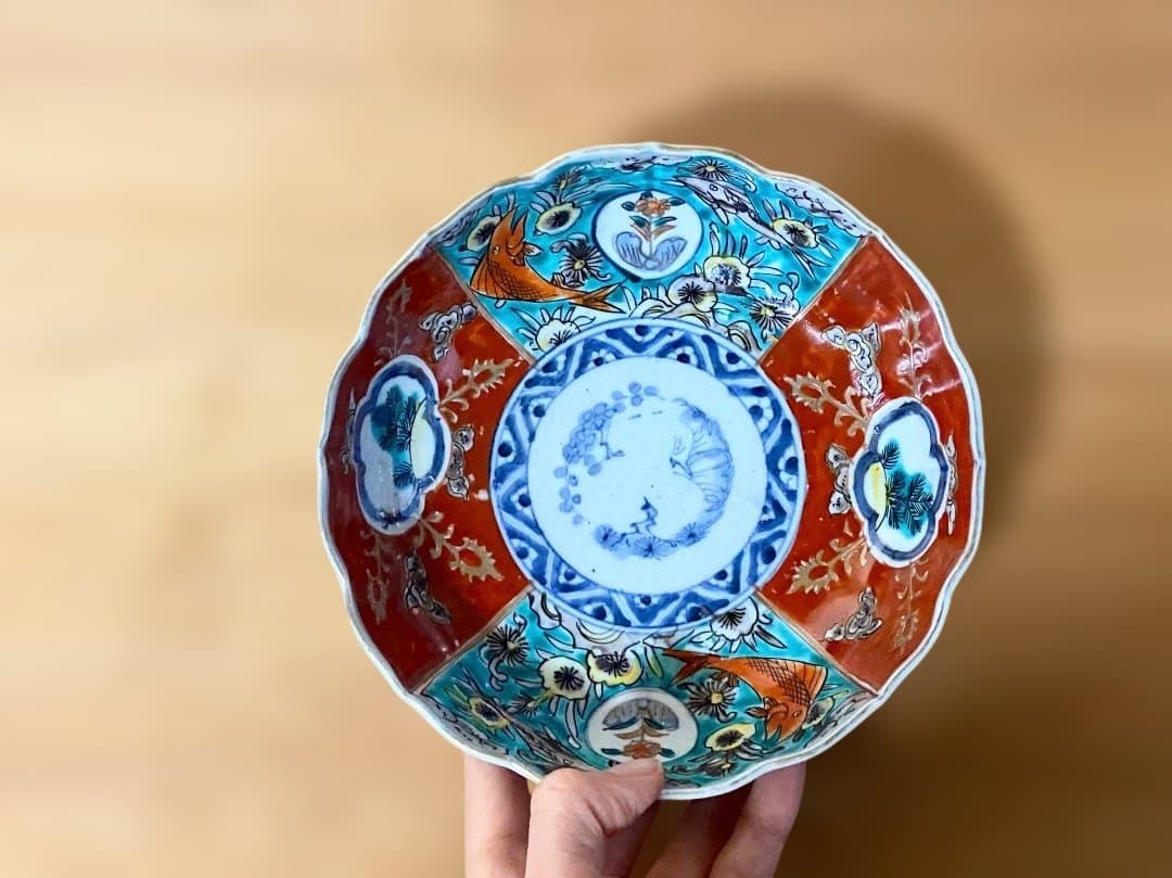 能登蔵出し 古伊万里 色絵金彩 魚窓絵文 大膾皿 /輪花皿 深皿 膾皿