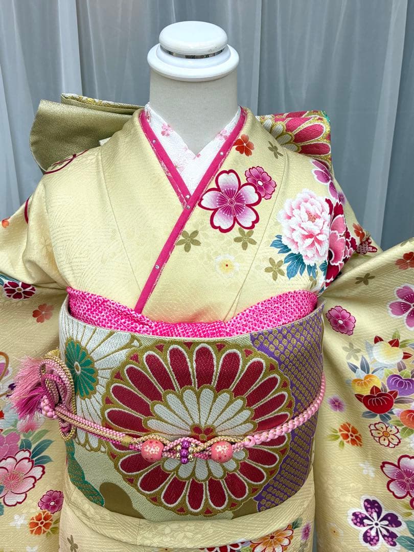 成人式　単品　1140 薄黄色&ピンク　正絹　振袖　格安！