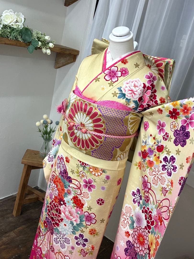 成人式　単品　1140 薄黄色&ピンク　正絹　振袖　格安！