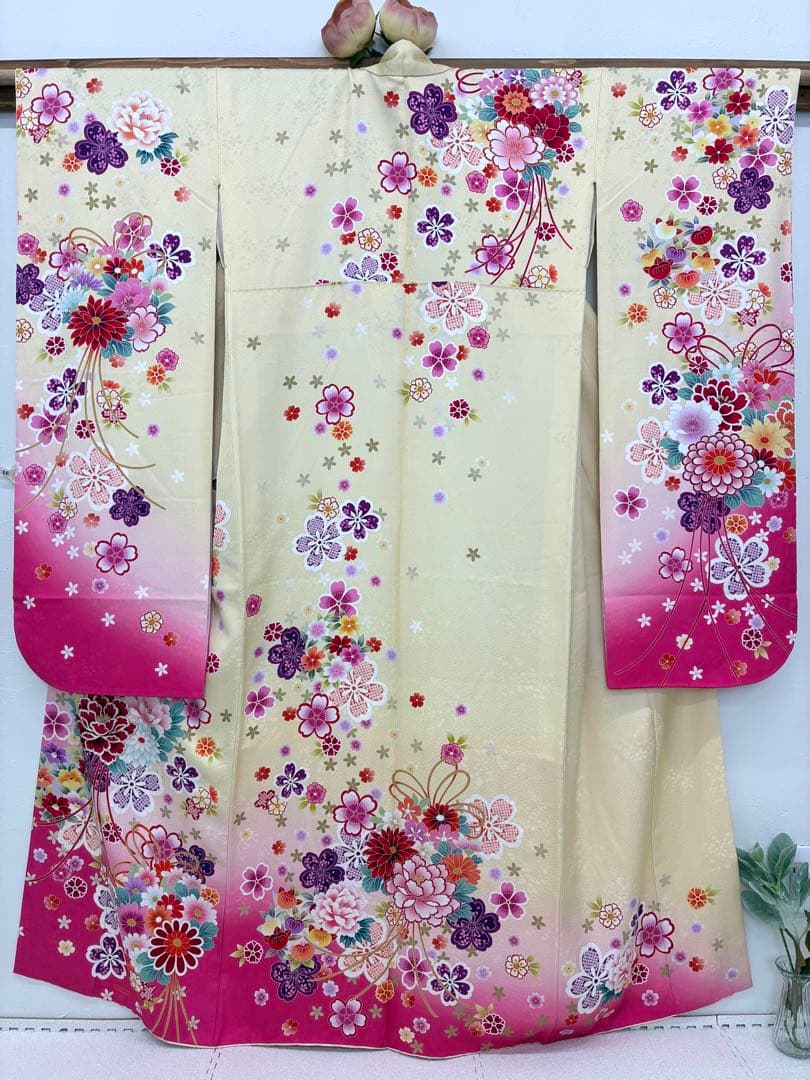 成人式　単品　1140 薄黄色&ピンク　正絹　振袖　格安！