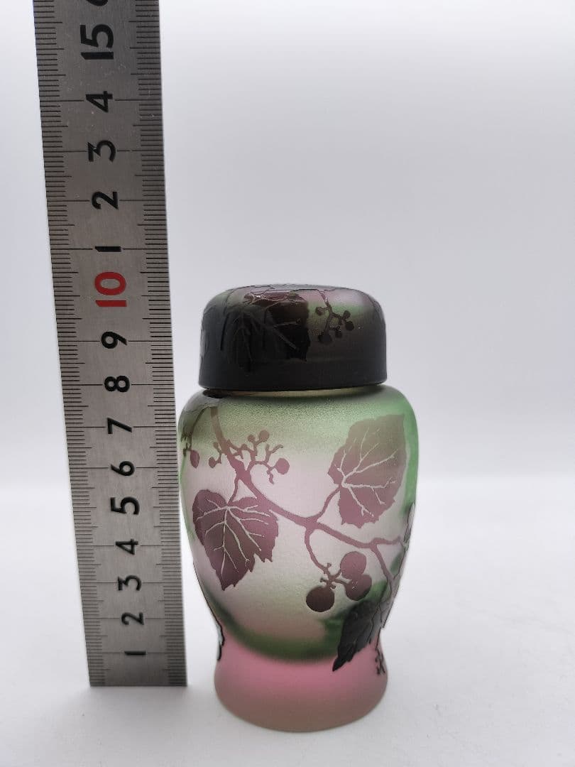 c208 茶入 ぎやまん 葡萄 北一硝子 共蓋 牙蓋付 木箱 茶道具 古物