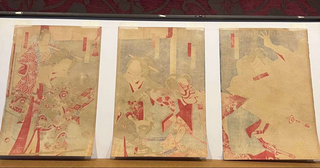 版画　歌川国虎　3枚綴　歌舞伎絵　市川團十郎 KABUKI 浮世絵　木版画　真作