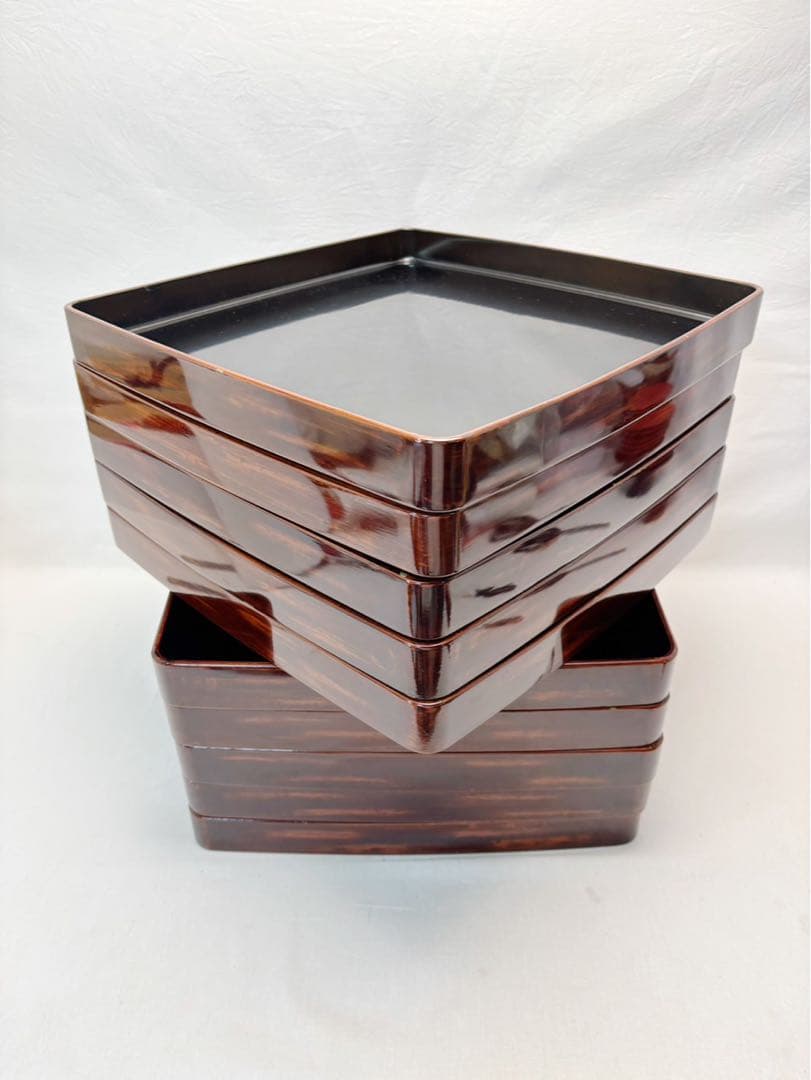 美品 懐石道具 木製 溜塗 四方膳 会席膳 十客組 宴会盆 銘々盆 平膳 箱無