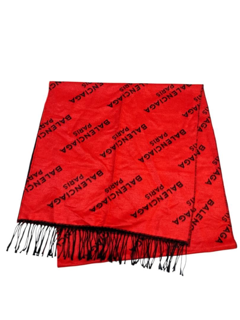 BALENCIAGA フリンジ マフラー 防寒具 レッド系×ブラック系