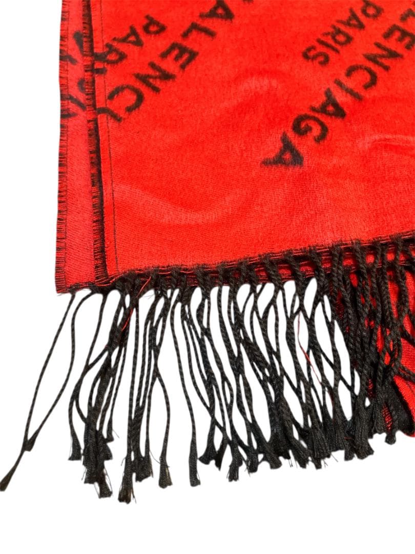 BALENCIAGA フリンジ マフラー 防寒具 レッド系×ブラック系