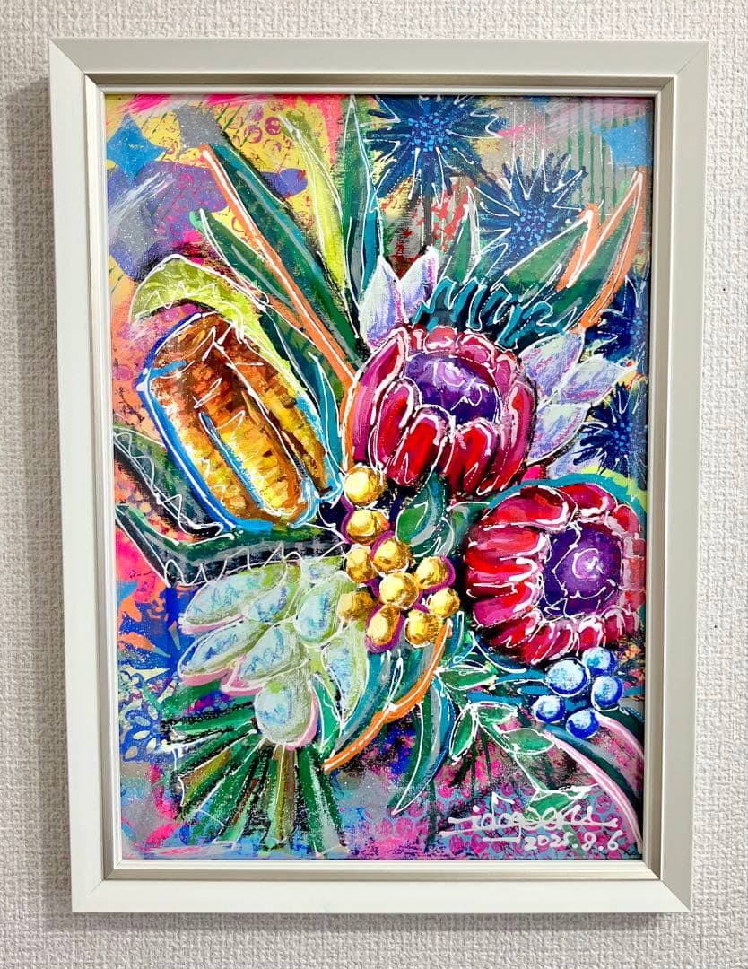 原画　花　額付き　静物画　絵画　アクリル画　現代アート　手描き　一点物