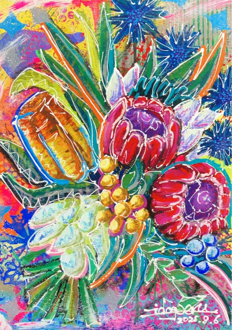 原画　花　額付き　静物画　絵画　アクリル画　現代アート　手描き　一点物