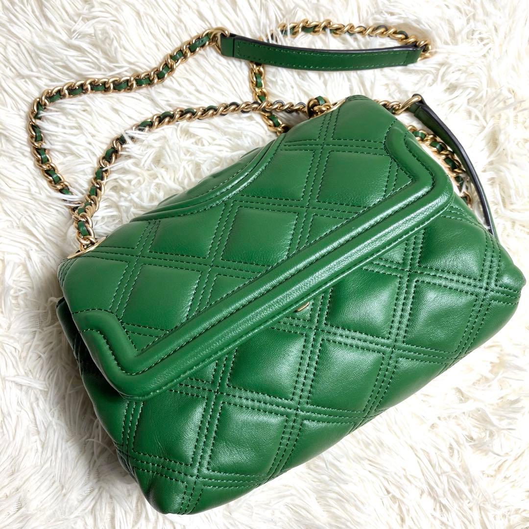 【美品】トリーバーチ＊キルティング ゴールドチェーン レザーグリーン