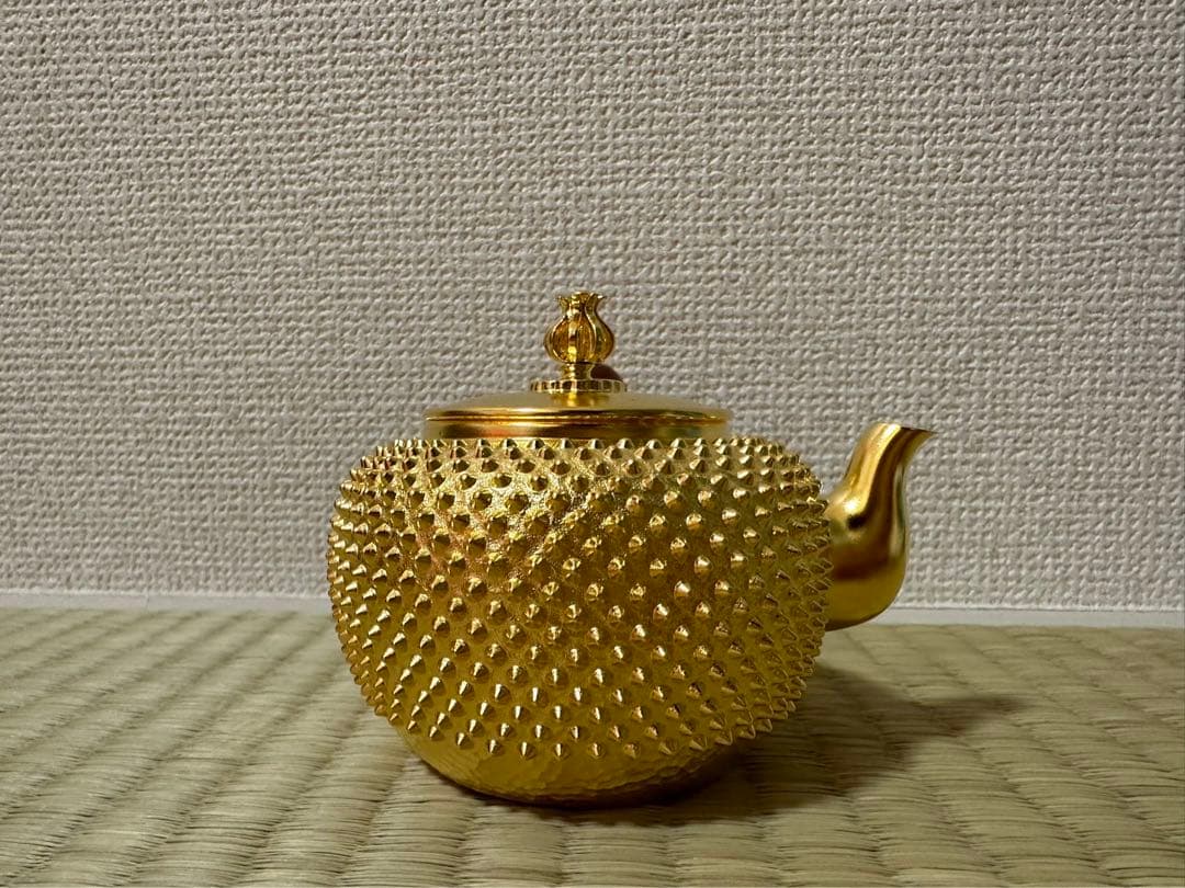 純銀製 玉霰打出 金メッキ 花蕾摘 横手急須 銀瓶 煎茶道具