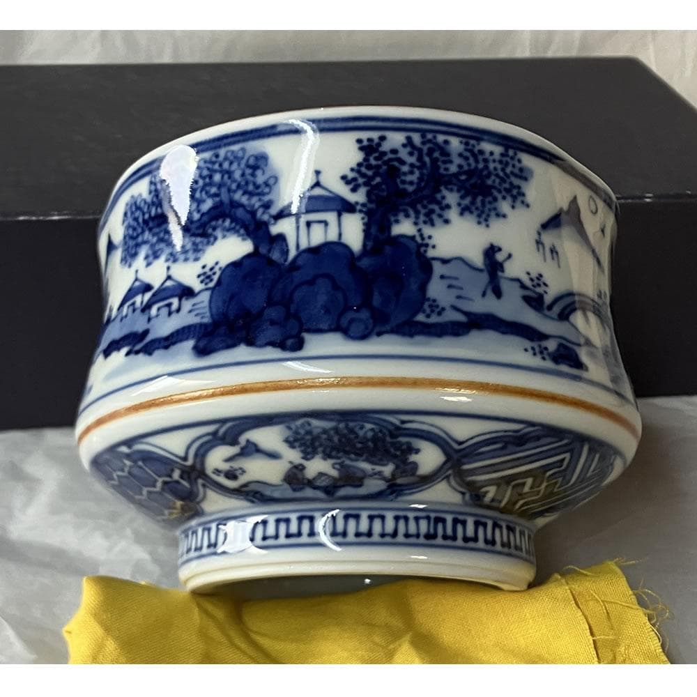 F1435 平安 秀峰 祥瑞 山水画茶碗 共箱 抹茶碗 茶道具