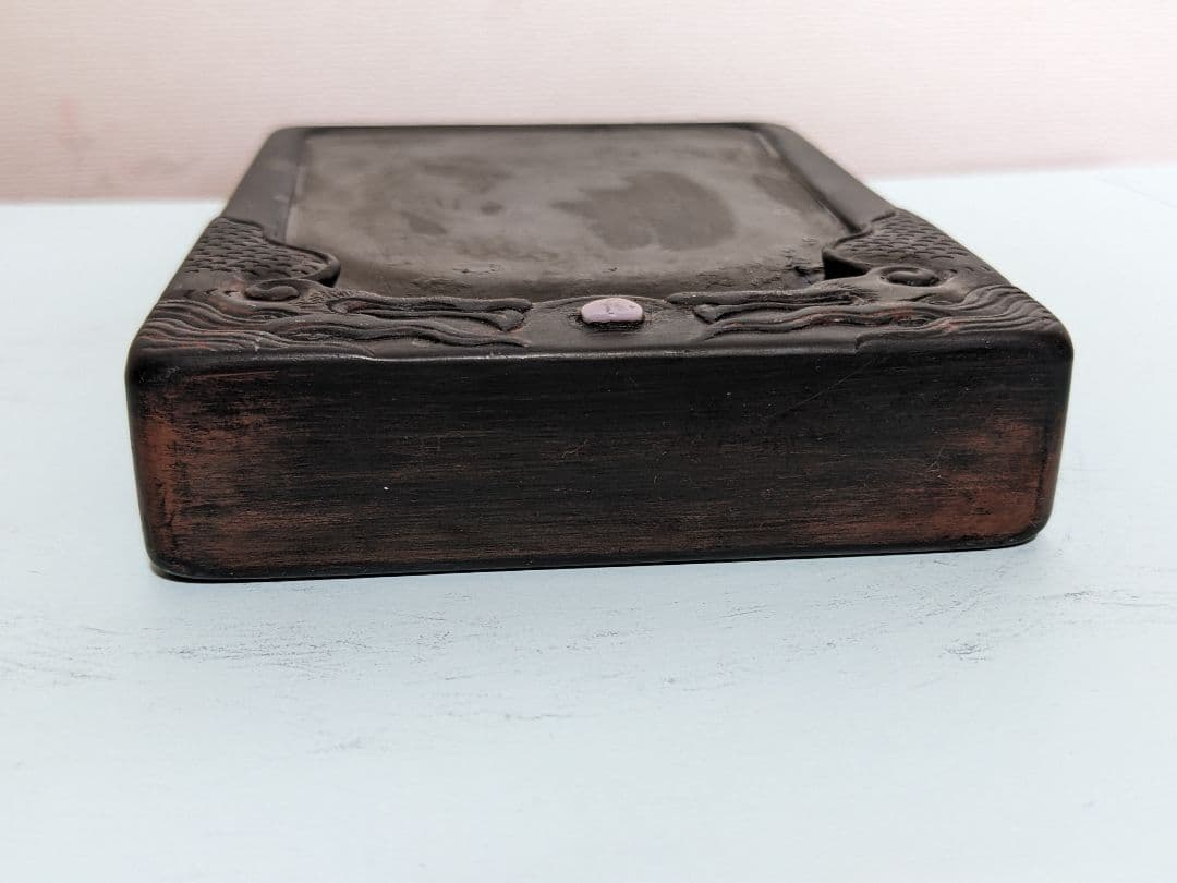 ♦中国硯 古玩 硯蓋 縞黒檀 龍文様硯 文房四宝 古美術品 アンティーク 骨董品