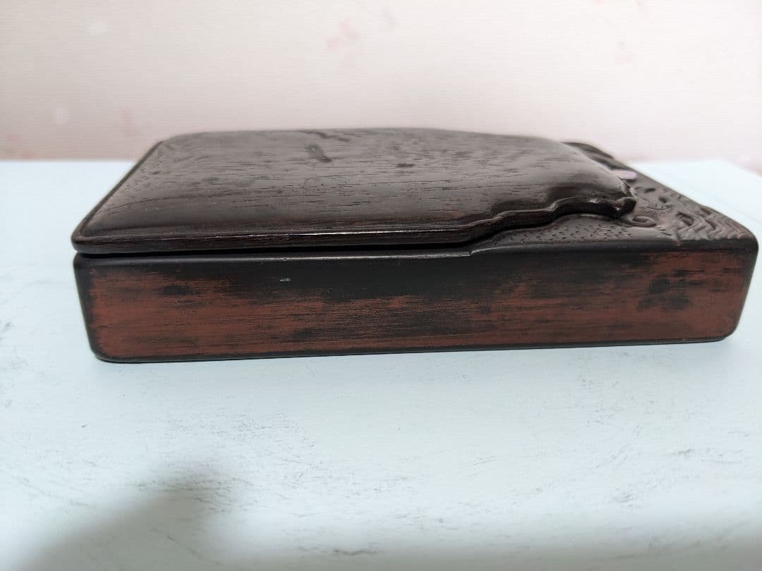 ♦中国硯 古玩 硯蓋 縞黒檀 龍文様硯 文房四宝 古美術品 アンティーク 骨董品