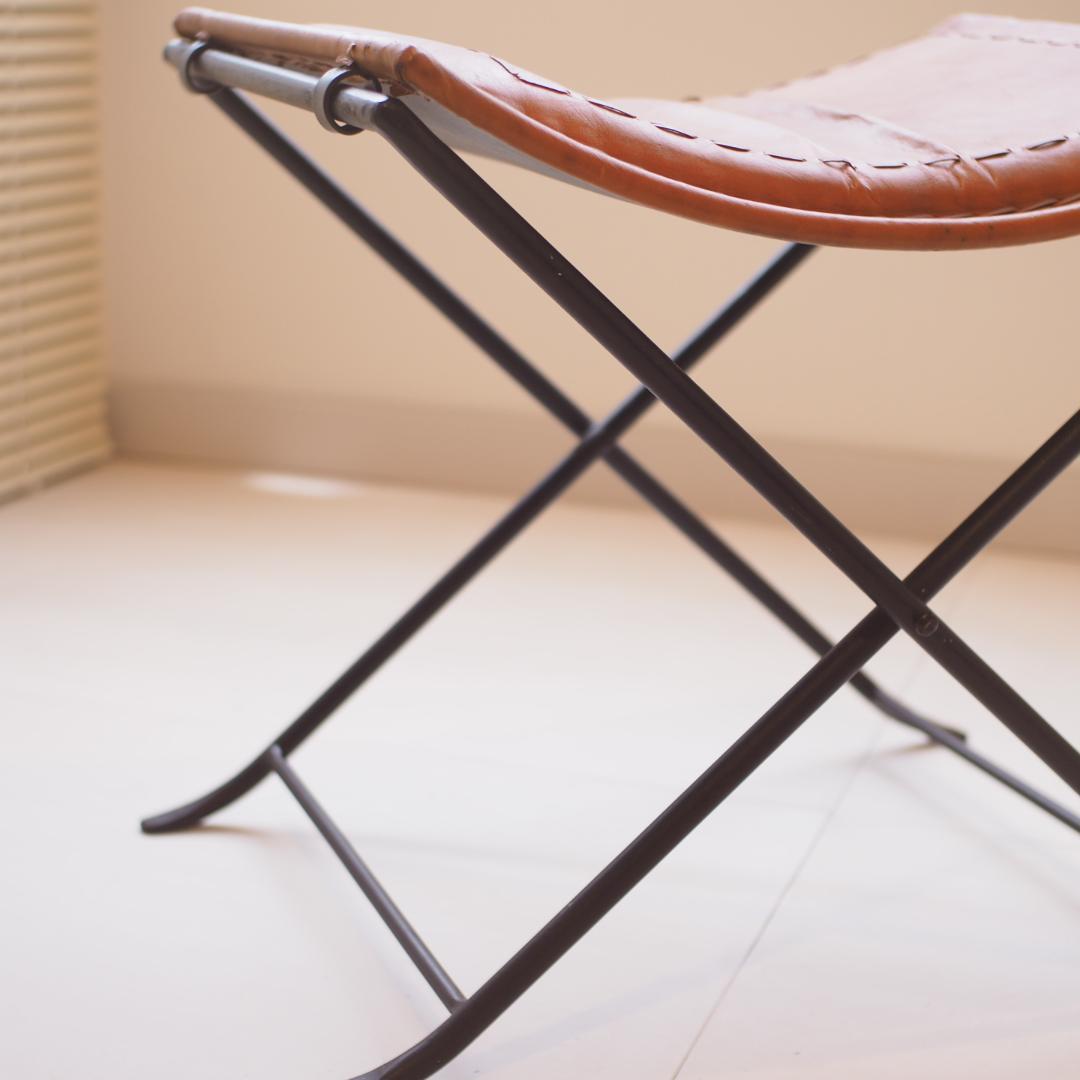 レザー折りたたみアイアンスツール 本革 山羊革