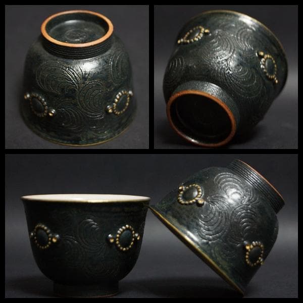 現代陶芸作家 宮里絵美造金彩鉄釉『瓔珞文』宝瓶 湯冷まし煎茶碗(五客) 化粧箱付