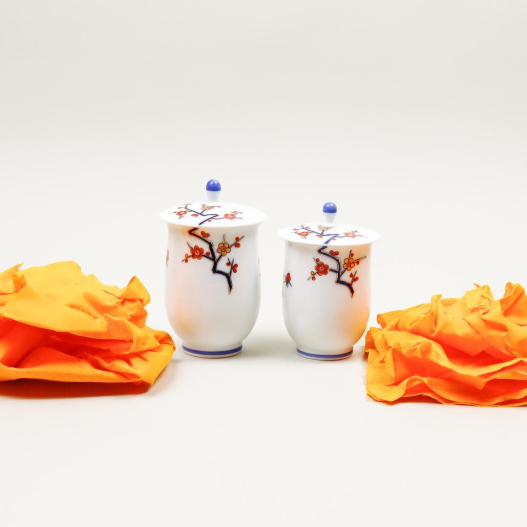 香蘭社 磁藝工房謹製 染錦模様 組湯呑 蓋付 箱付き 未使用