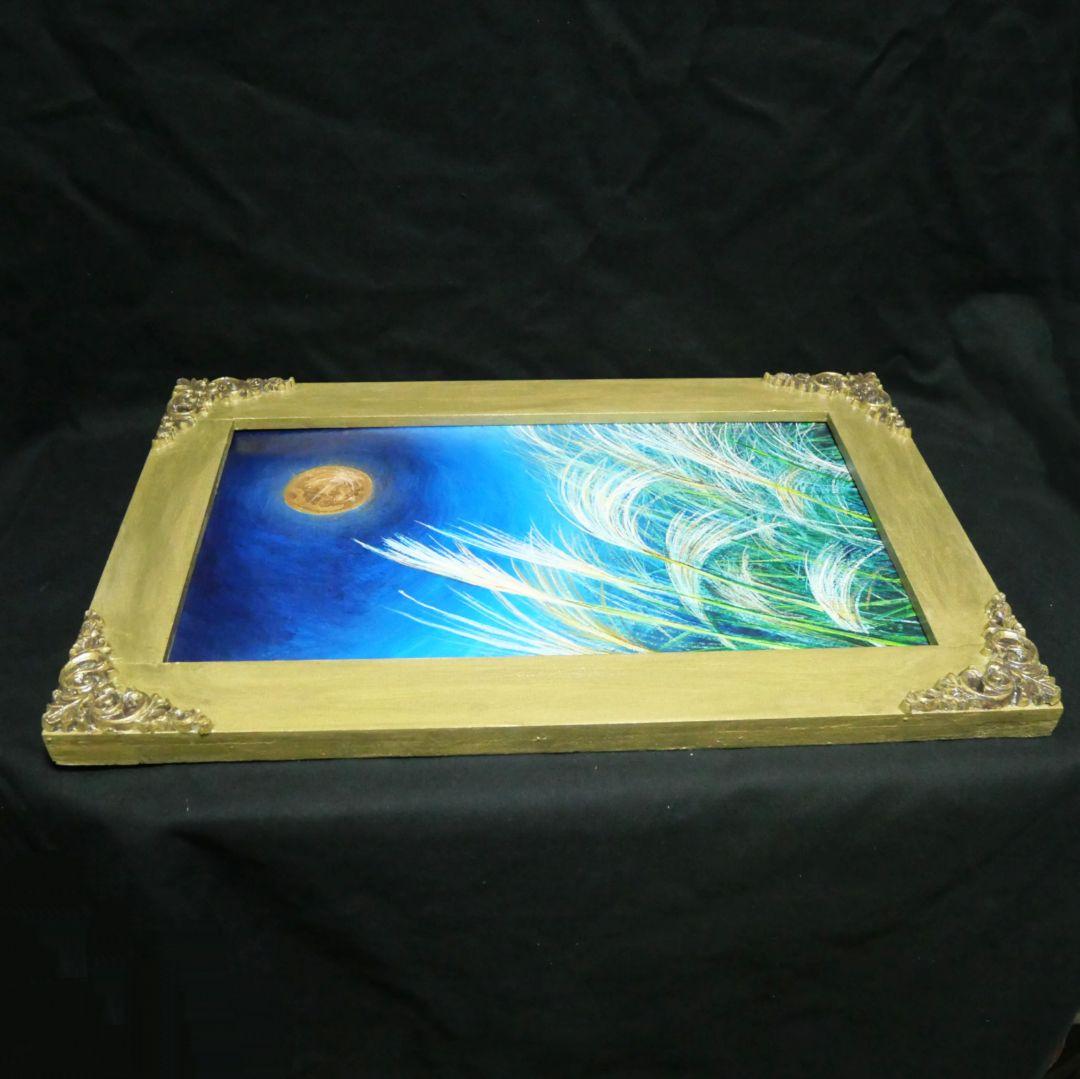 油絵 原画「十五夜の黄金の月」北欧 モダン アートパネル 額装 風景画 壁掛け