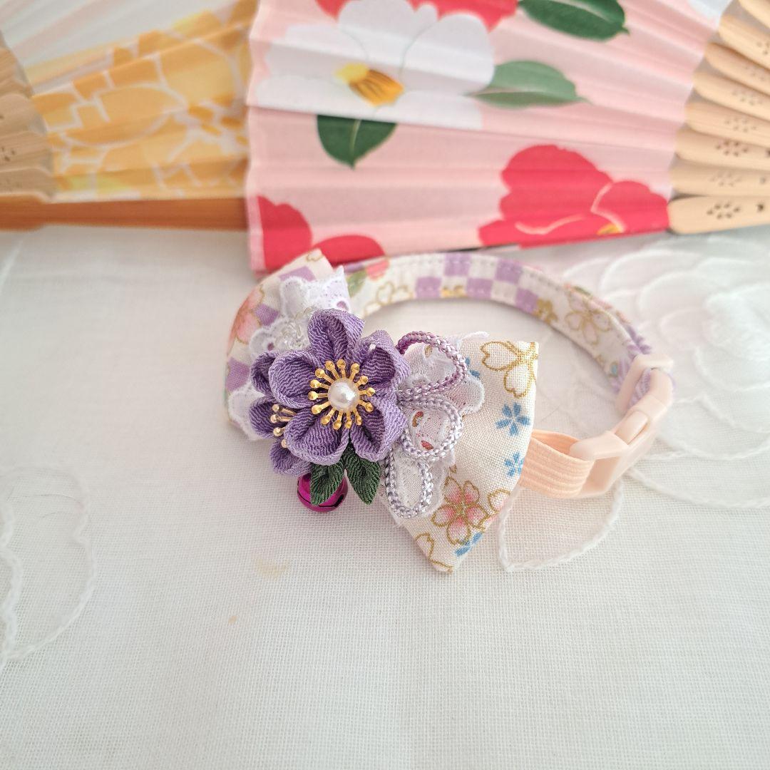 お正月、つまみ細工シングルリボン(紫③)わんちゃん猫ちゃん用首輪