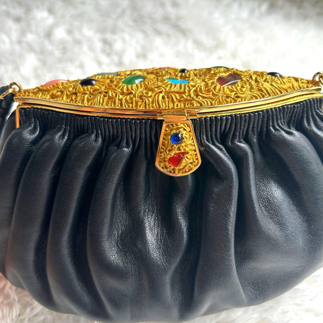 【美品】ハマノ ハンドバッグ サンピエトロ がま口 ビジュー ブラック　レザー