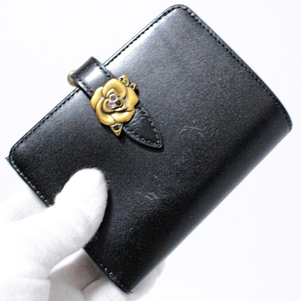 新品 アナスイ ブルボン ローズブローチベルト がま口小銭入れ 折り財布 黒