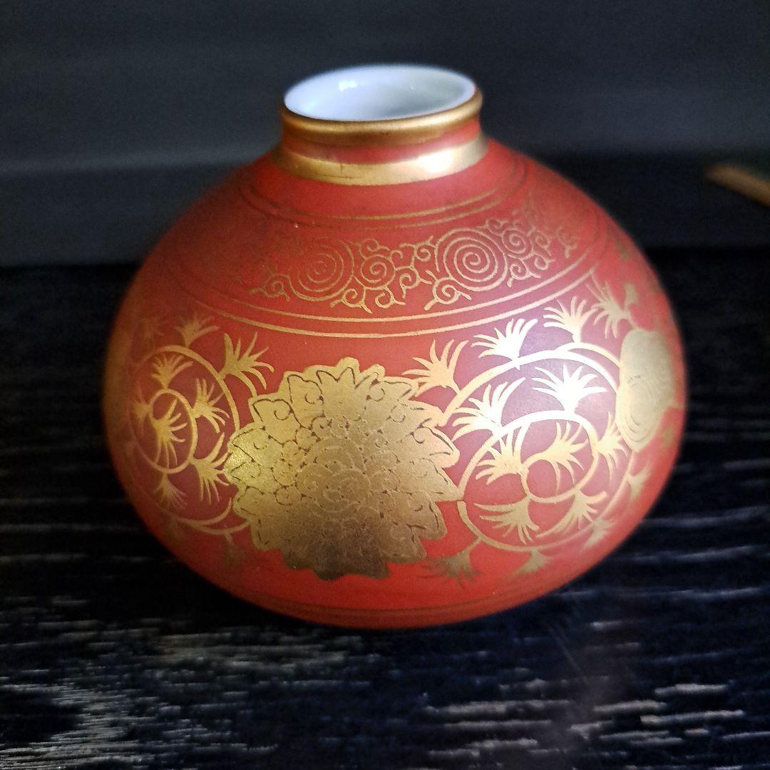 九谷　明治初期　　大日本永楽造　赤絵本金彩　油壺　大型　名入