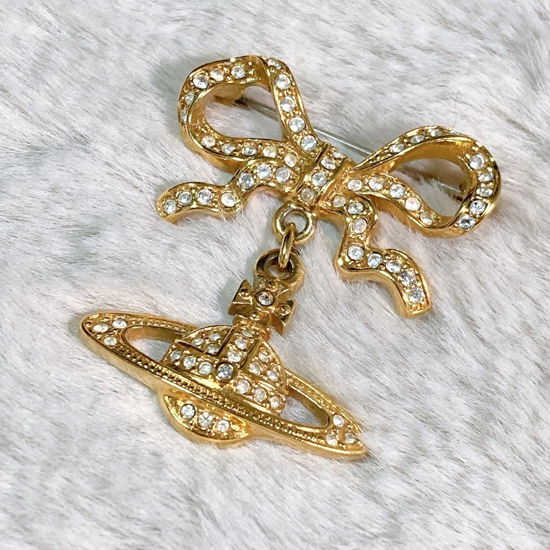 【美品】レア ヴィヴィアンウエストウッド オーブ リボン ブローチ ゴールド