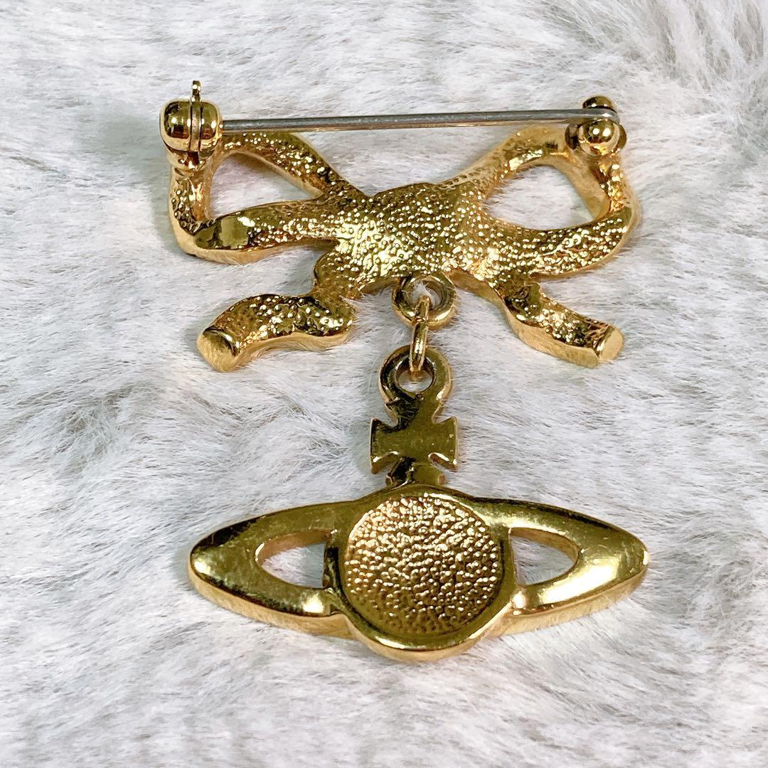 【美品】レア ヴィヴィアンウエストウッド オーブ リボン ブローチ ゴールド