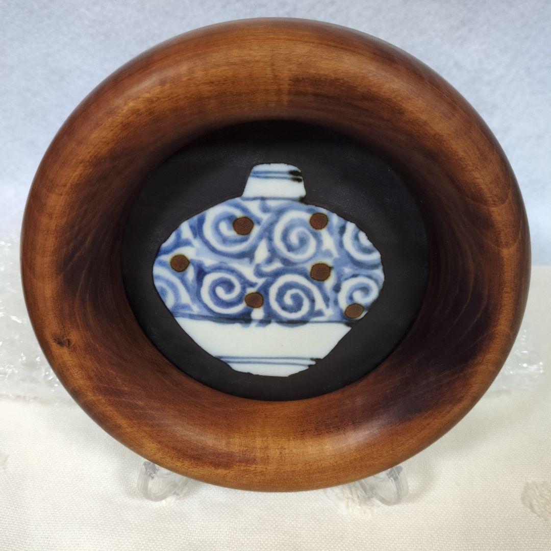 ★レア　艸茅窯　川野恭和　木工額　民藝磁器　皿　染付