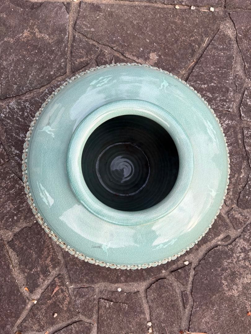 新安窯　峰鶴　李太宇作　高麗青磁　透かし網目　花瓶