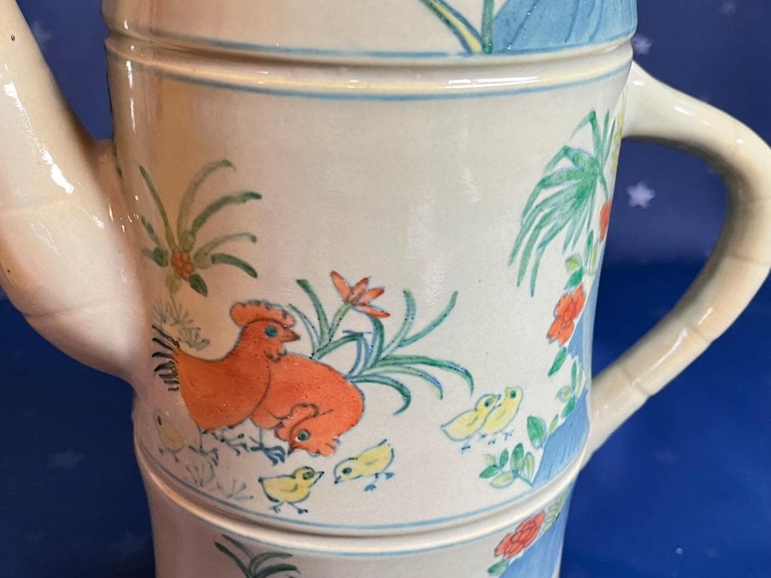 中国古玩 大清乾隆年製 鶏草花紋 茶器 水差し 置物 高さ約26.3cm 時代物