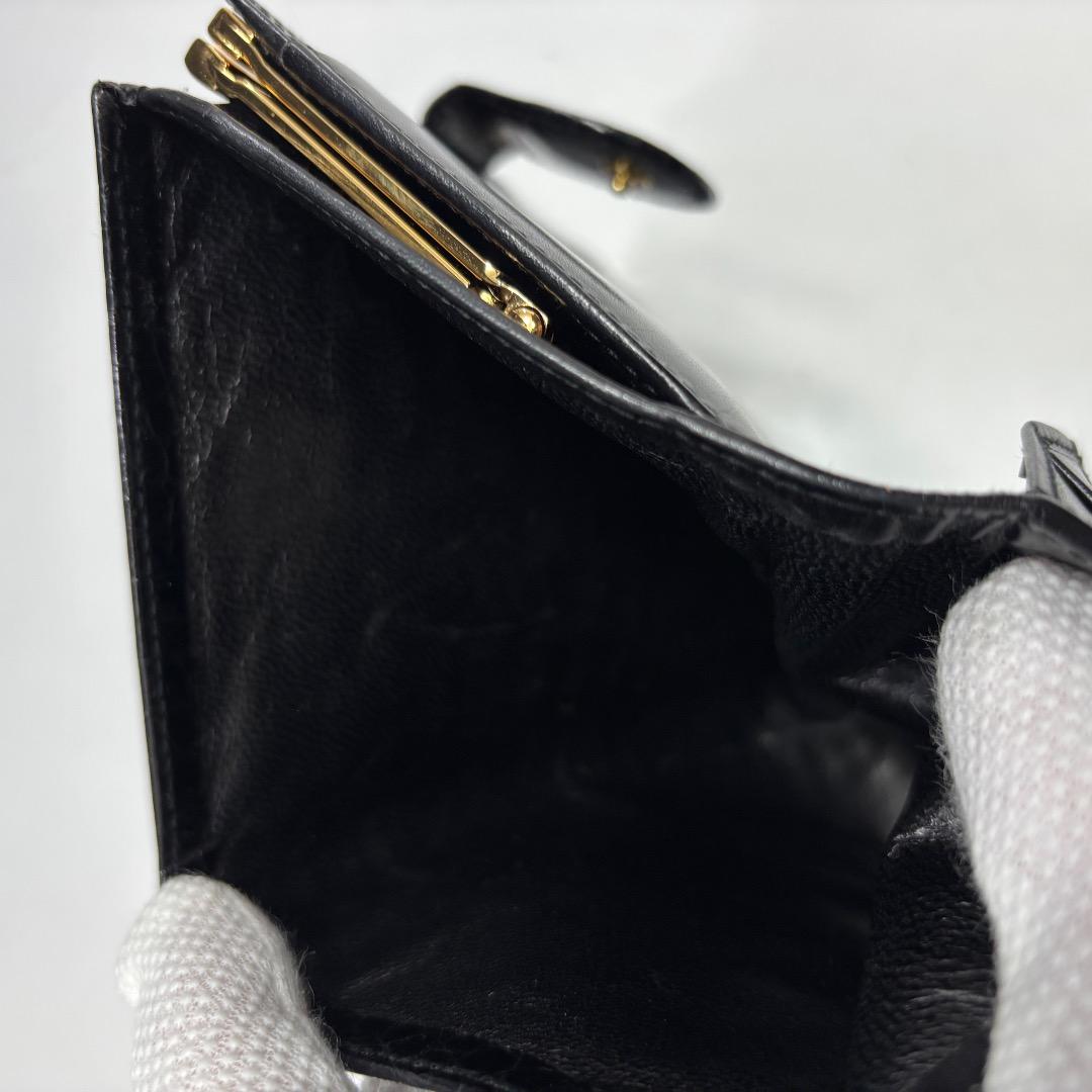 美品【グッチ本物】2つ折り財布/クロコダイル本革/レザー/ブラック/がま口