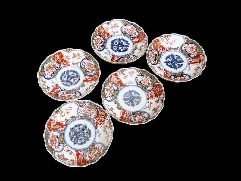 古伊万里　金襴手　窓絵　宝尽くしに松竹梅の図　4寸皿　５枚　B091AS-CZa