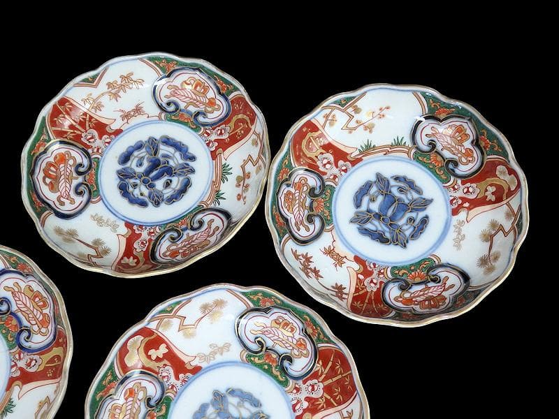 古伊万里　金襴手　窓絵　宝尽くしに松竹梅の図　4寸皿　５枚　B091AS-CZa