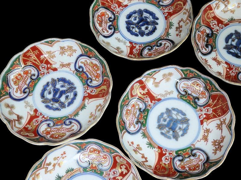 古伊万里　金襴手　窓絵　宝尽くしに松竹梅の図　4寸皿　５枚　B091AS-CZa