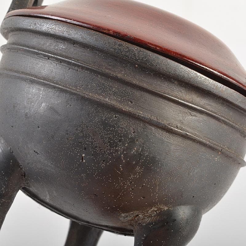 中国　古銅　双耳三つ足鼎　香炉　唐木蓋付　M　R7404