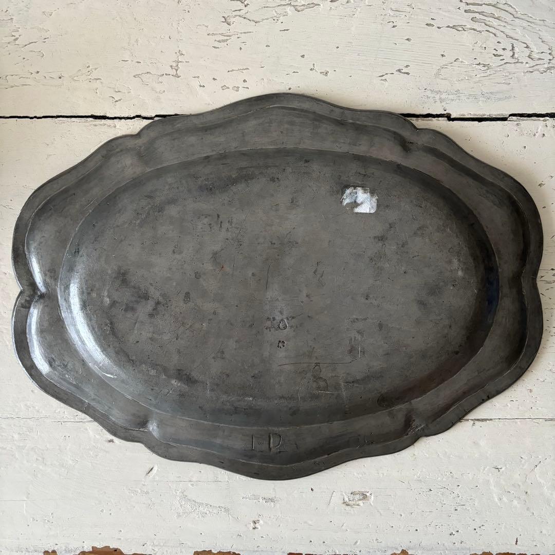 アンティーク ピューターオーバルプレート フランス 花リム