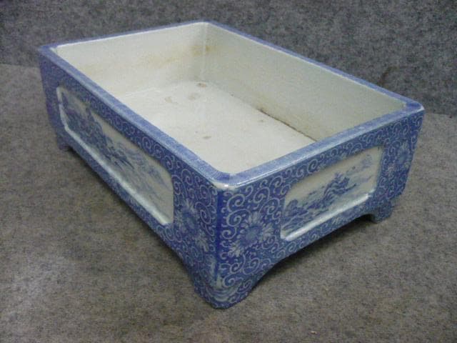 銅版 花唐草に風景図 染付 水盤 [B31491]