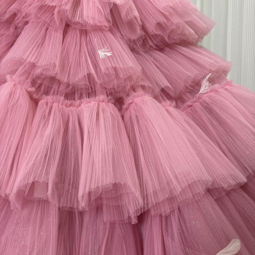 【送料込】ピンク グリッター カラードレス パニエ付 ボリュームチュールドレス