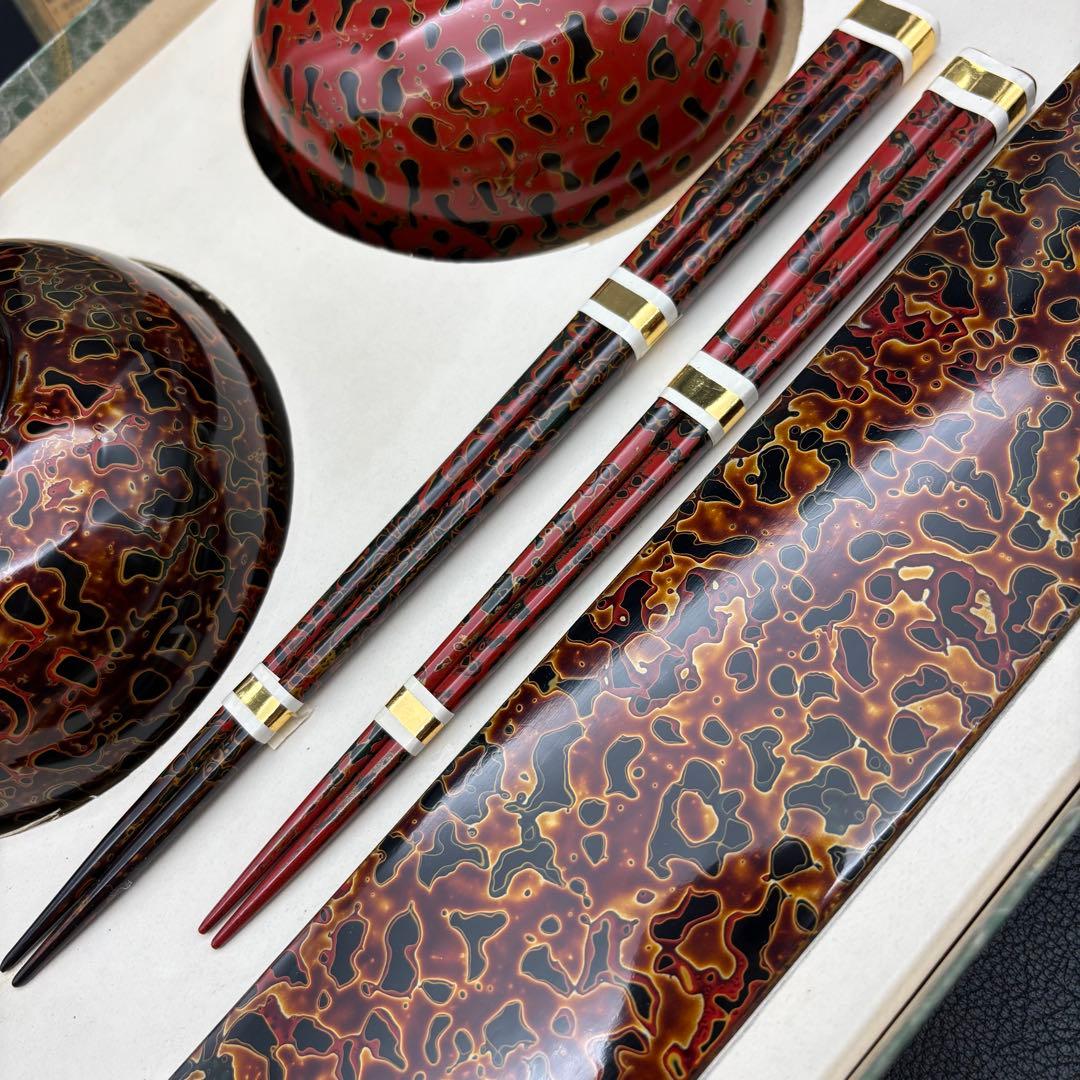 未使用【津軽塗】唐塗 《椀 箸 箸置き》ペア セット/夫婦椀 組椀