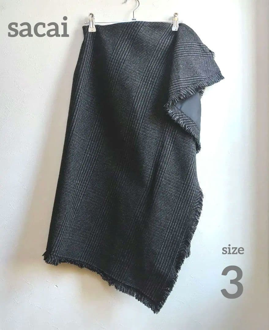 Sacai サカイ ウール　アシンメトリースカート グレンチェック　３