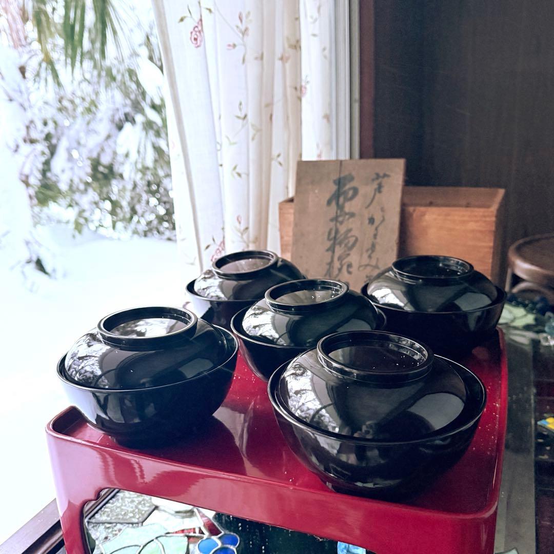 2245様感謝‼️JAPAN蒔絵かわせみ天然木伏蒔絵 芦にかわせみ真塗厚物椀 5客