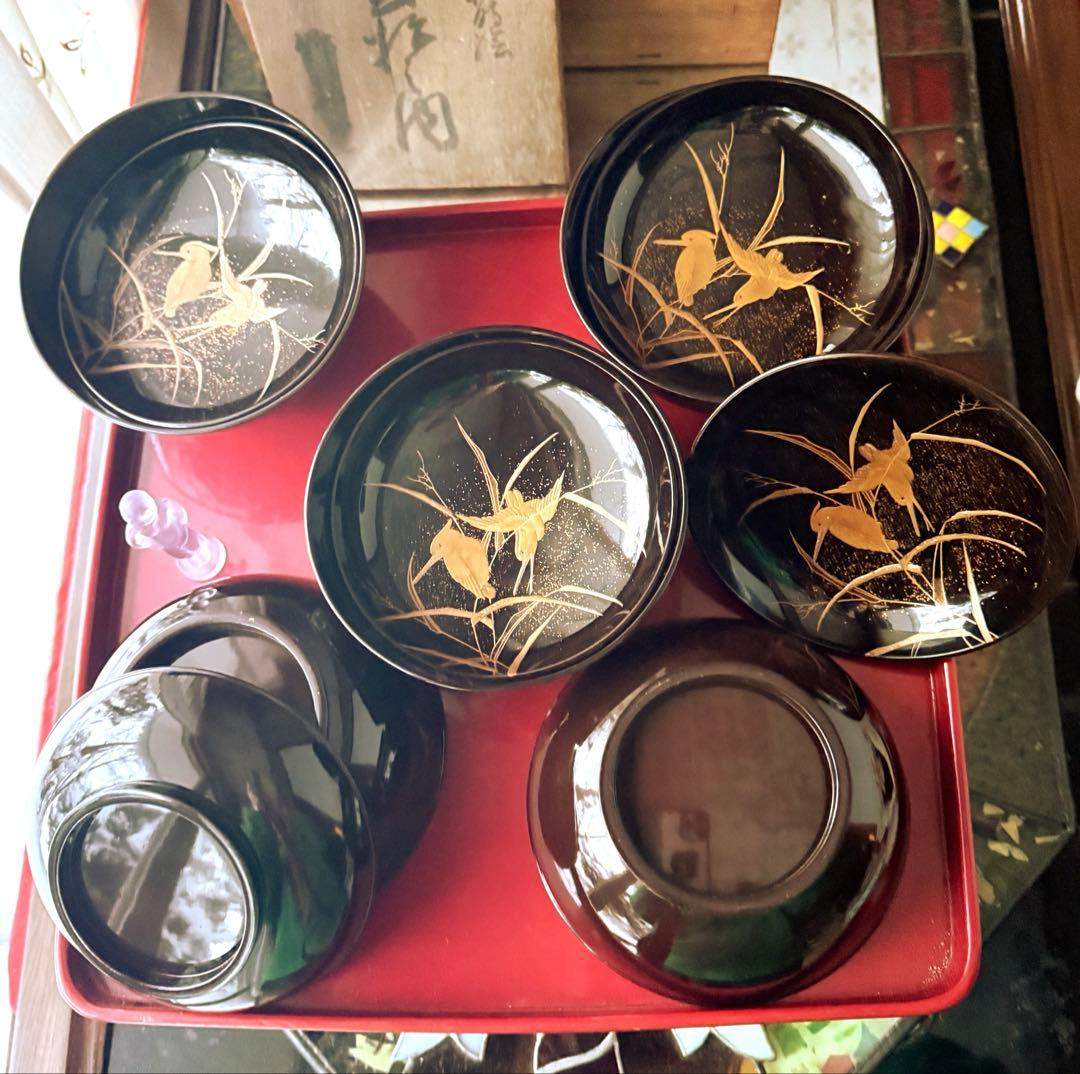 2245様感謝‼️JAPAN蒔絵かわせみ天然木伏蒔絵 芦にかわせみ真塗厚物椀 5客