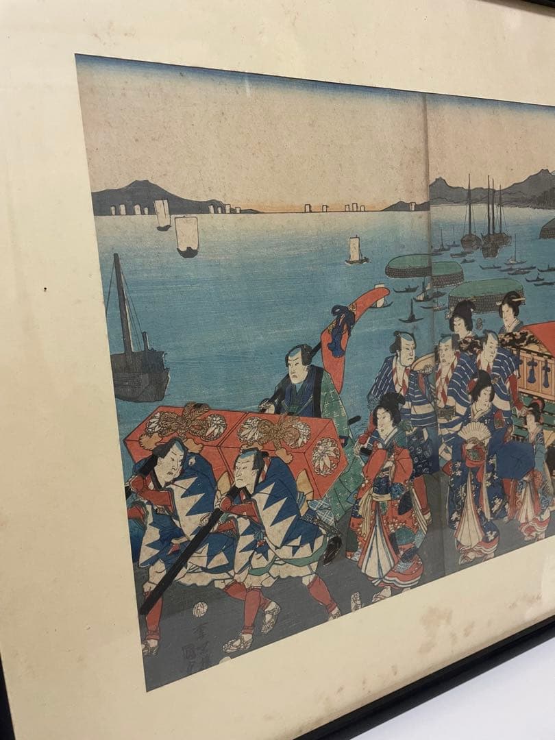 歌川國貞　浮世絵 姫君様行列之図　額縁 大錦三枚続き